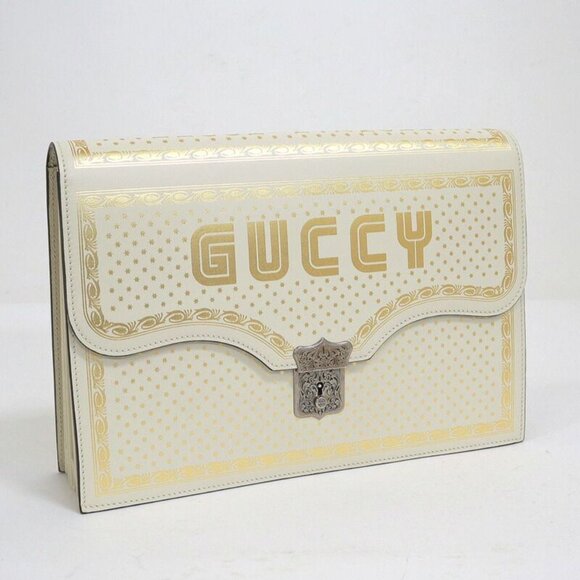 Gucci Handbags - Gucci Clutch Logo Star Leather Silver White Gold